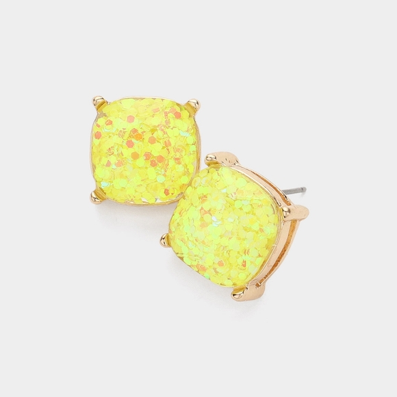 Yellow Glitter Cluster Square Stud Fashion Jewelry Earrings - Picture 1 of 2